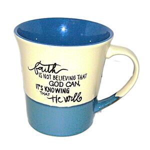 Cracker Barrel Coffee Mug Hand-Painted Stoneware Faith-Inspired Text Blue Cream